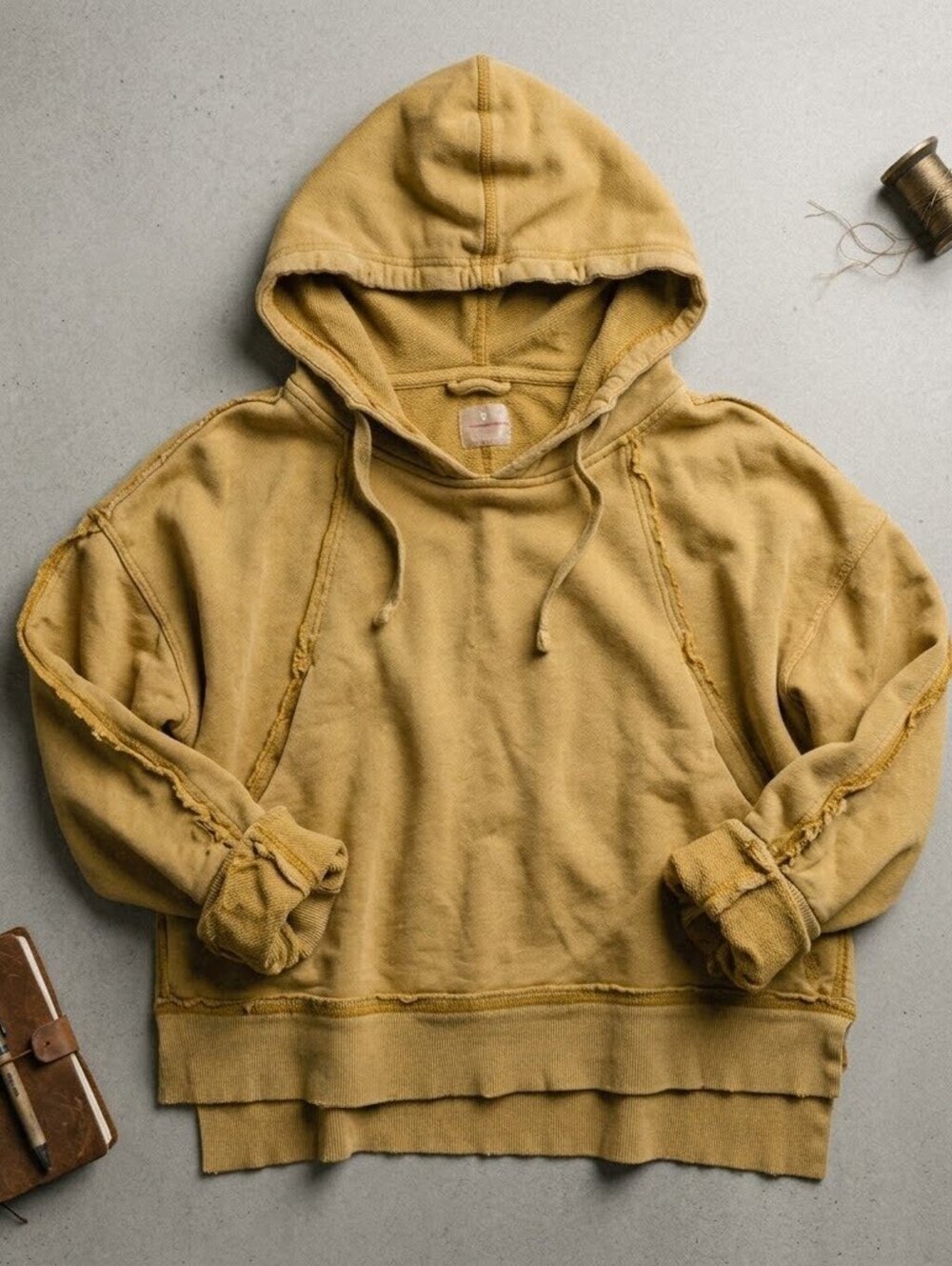 Free People Mustard Distressed Zip Up Hoodie M Slouchy Granola Girl Boho Grunge
